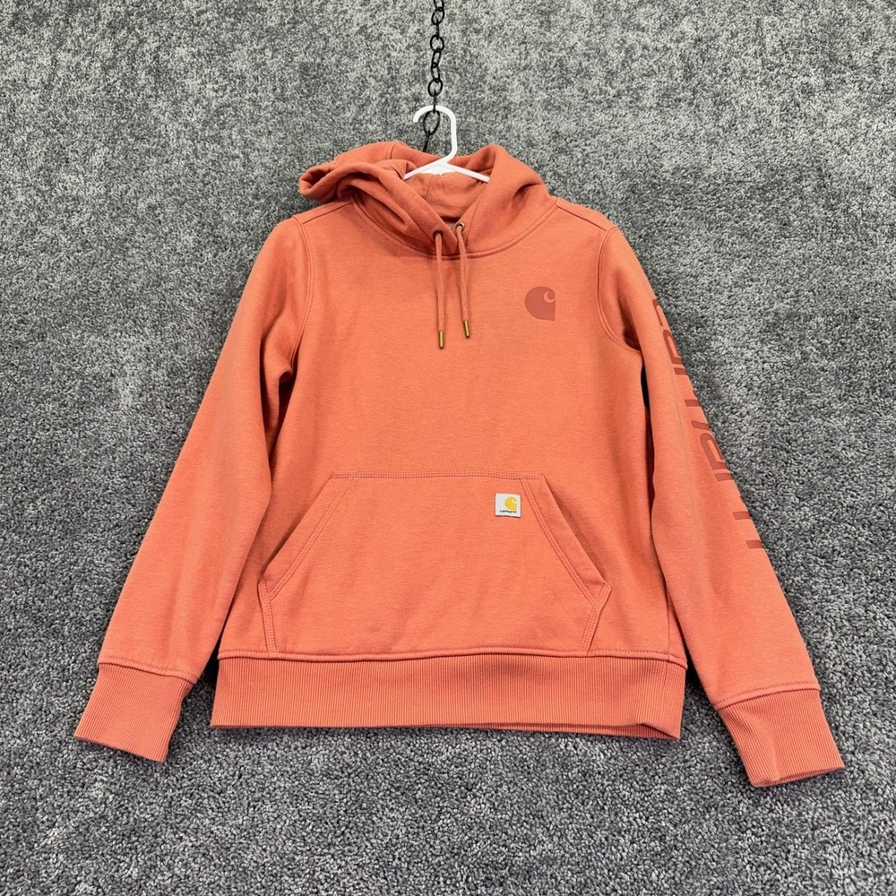 Carhartt Hoodie Womens Small Orange Pink Fleece Pullover Relaxed Fit Logo Work